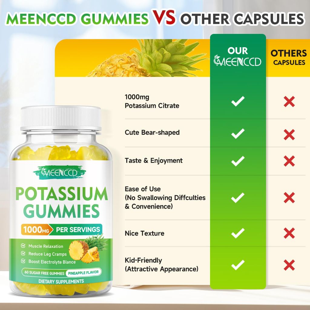 Potassium Citrate Gummies 1000mg, Sugar-Free, Pineapple Flavor, 60 Count