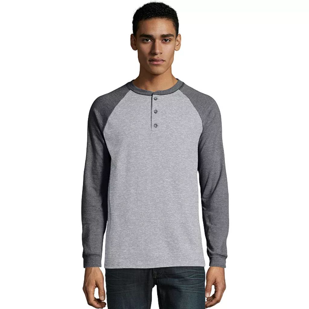 Hanes Beefy-T Men's Colorblock Long Sleeve Henley Shirt - Oxford Gray/Slate Heather, Size Small