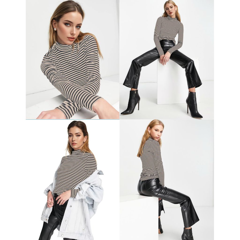 PrinStory Womens Tops Long Sleeve Shirts Slim Fit Business Dressy Casual Pullover Tee for 2025 Trendy Apricot Grey Stripe US L