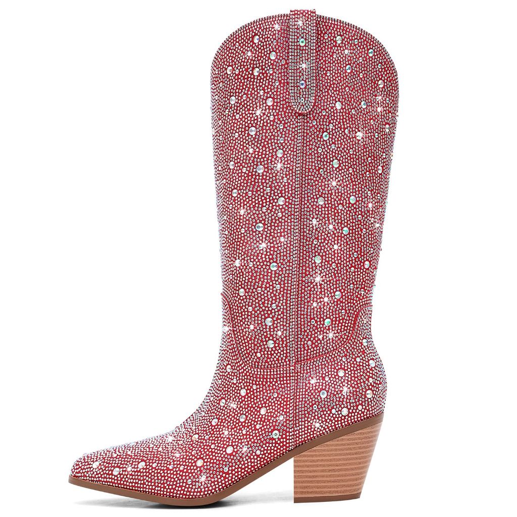 RONILURN Women Cowboy Boots Cowgirl Rhinestone Mid Calf Western Boots Sparkly Glitter Boots Bling Pointed Toe Chunky Heel Pull On