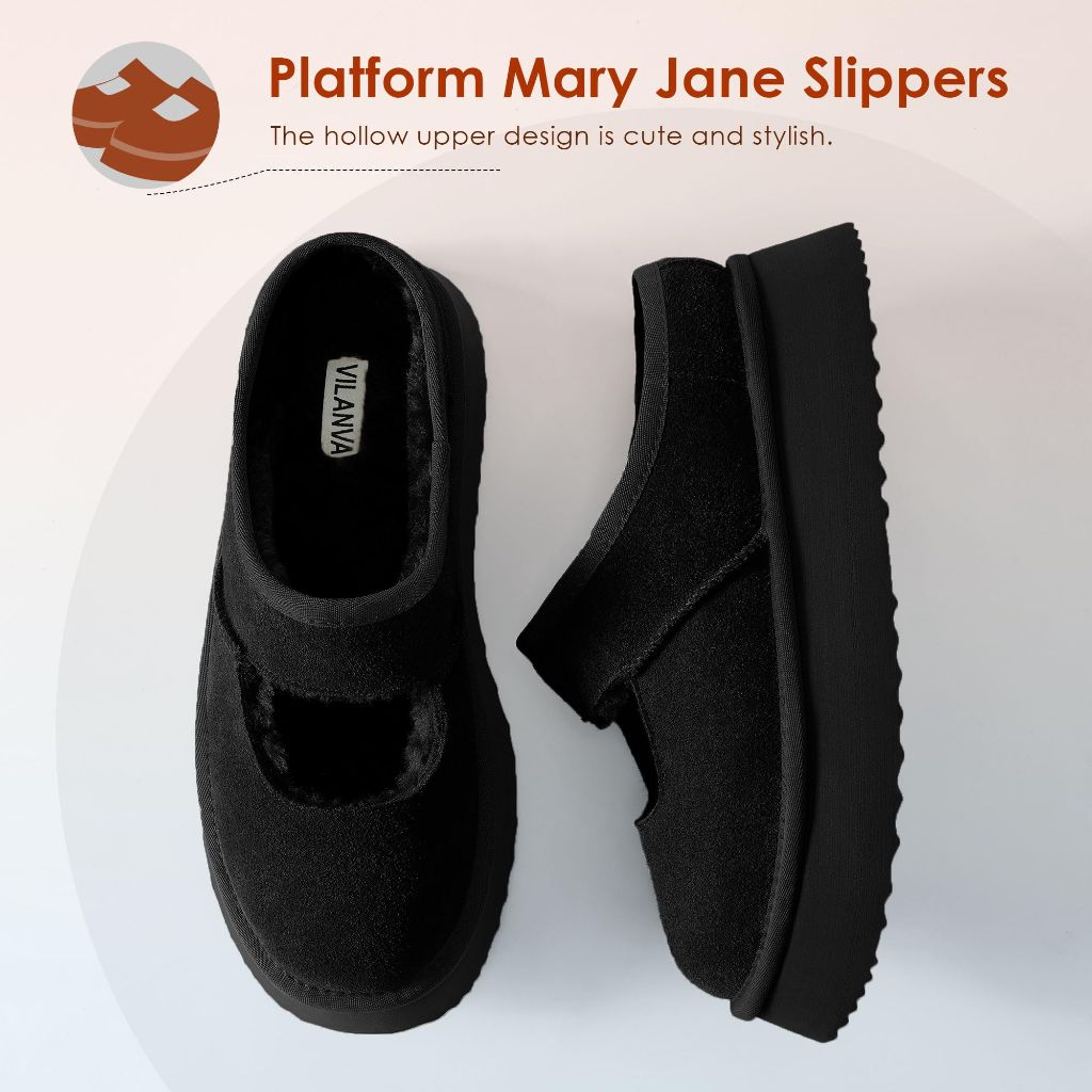 Vilanva Black Platform Slippers for Women Cozy Fur Lined Slip on Mary Jane Winter Shoes Warm Comfy House Slippers for Indoor Outdoor Size 7.5