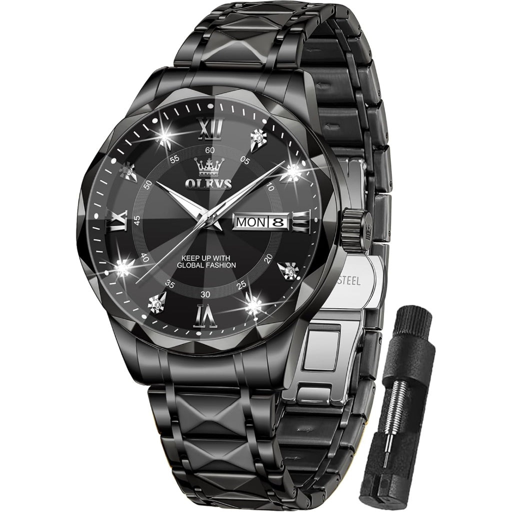 OLEVS Men's Luxury Chronograph 41mm Dress Watch - Black Stainless Steel Band, Black Dial with Gold Numerals