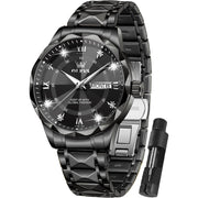 OLEVS Men's Luxury Chronograph 41mm Dress Watch - Black Stainless Steel Band, Black Dial with Gold Numerals