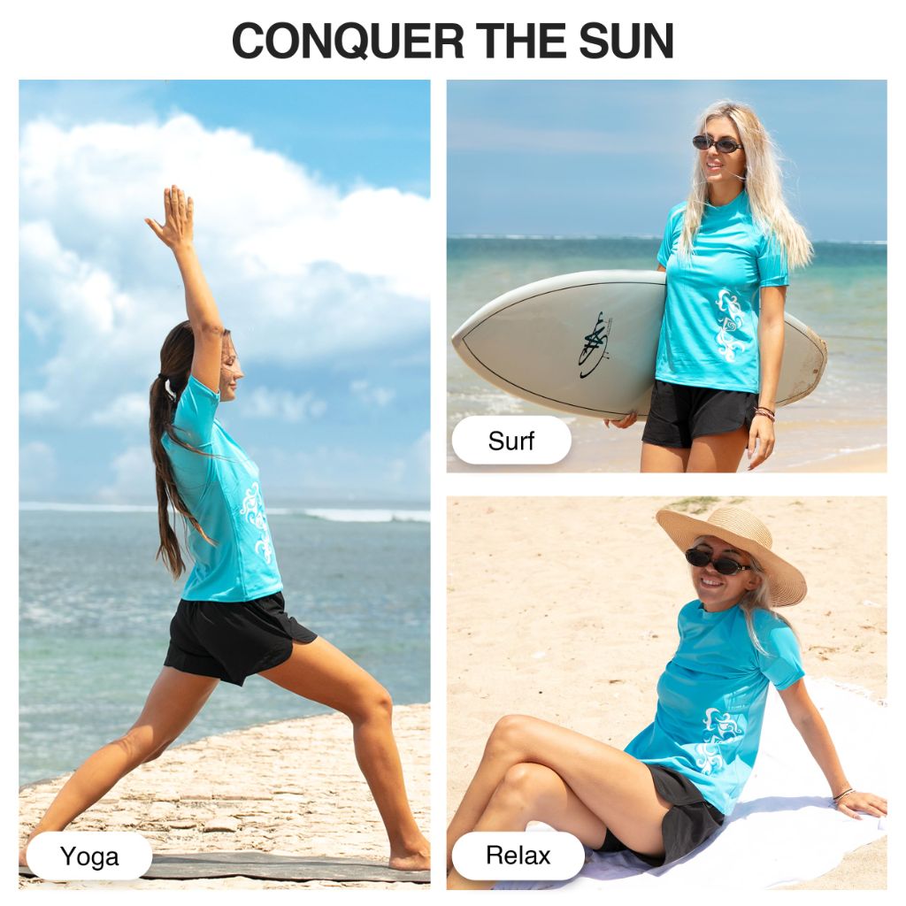 Kanu Surf Women's UPF 50+ Short Sleeved Active Rashguard & Workout Top, Breeze Aqua - size XL