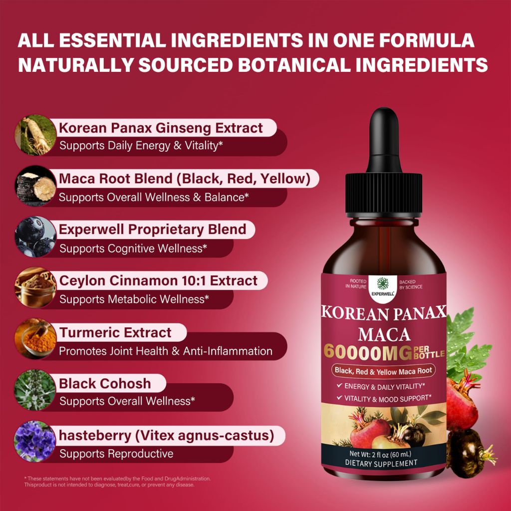 Experwell Korean Panax Ginseng Liquid, Red Ginseng & Maca Root (Black, Red, Yellow)  | 4 Fl Oz(Pack of 2)