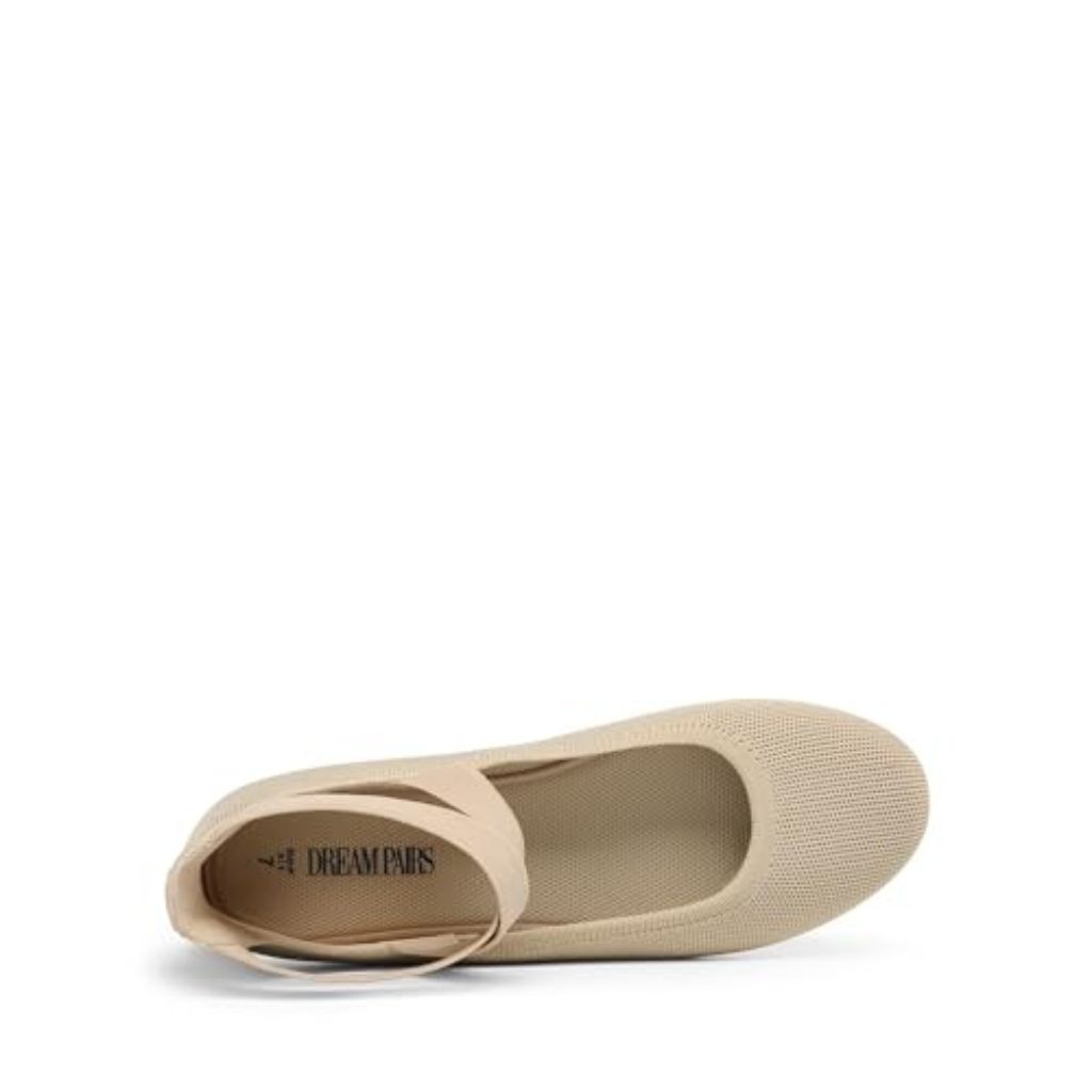 DREAM PAIRS Women's Comfortable Fashion Elastic Ankle Straps Flats Shoes, Size 8, Nude-Knit