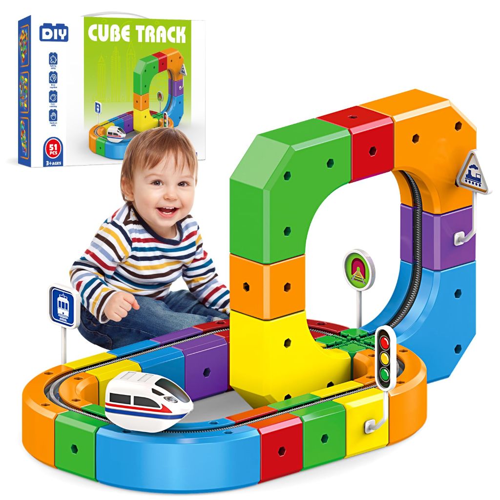 Electric Magnetic Train Track Set, 3D Anti-Gravity Flexible Race Tracks with Motorized Train and Traffic Signs, STEM Building Toy for Kids