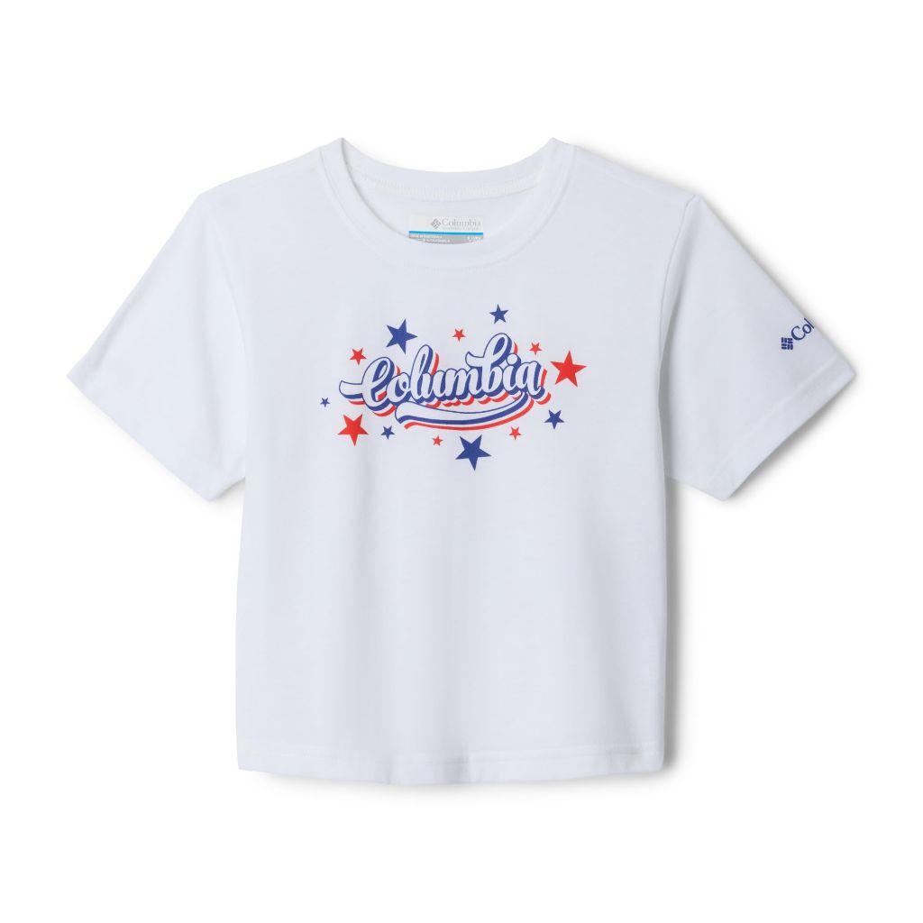 Columbia Youth Girls La Poudre Pass Short Sleeve Tee, White/Elevated Patriot, Large