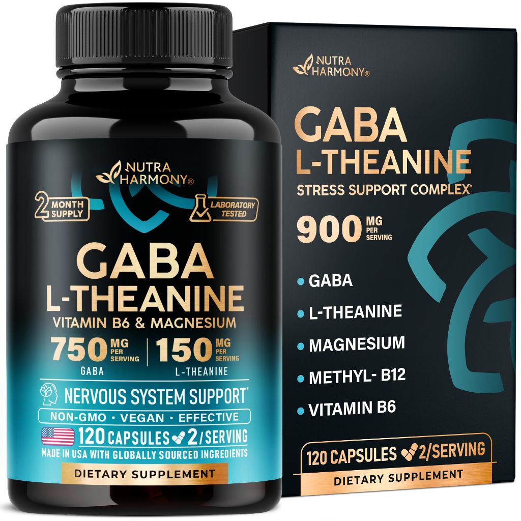 Nutra Harmony GABA L-Theanine 900 mg, Calm, Sleep, Relaxation & Mood Support - 120 Capsules