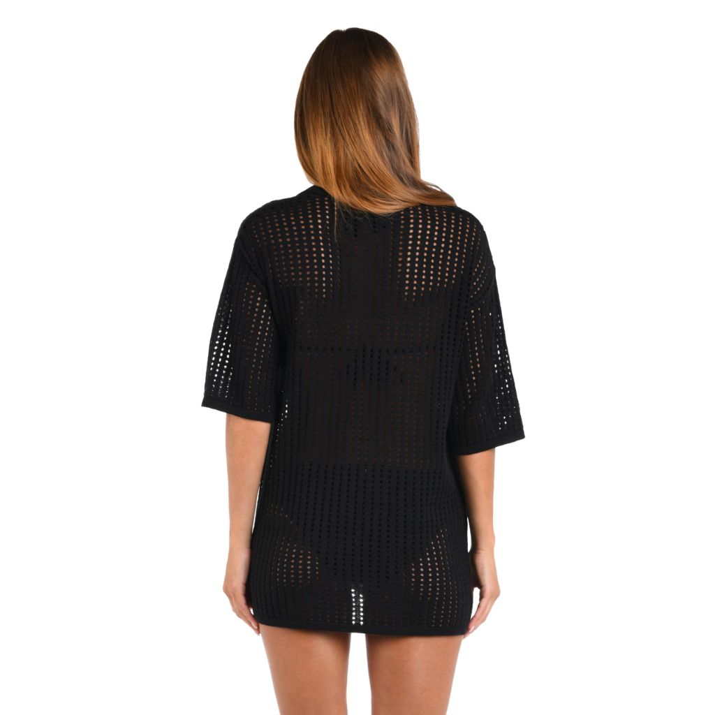 Sunshine 79 Women's Short Sleeve Tunic Cover Up Dress, Black//Resort Crochet Covers, Large