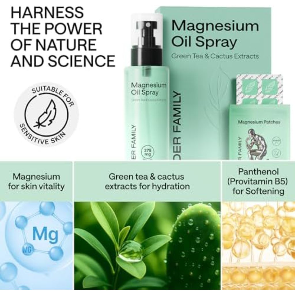 Magnesium Oil Spray for Feet and Whole Body, Natural Deodorant, Sleep Support and Relaxation - 8.45 fl. oz. Bottle with 6 Patches