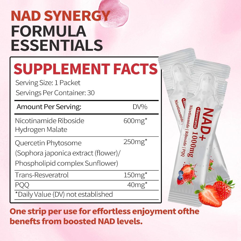 NAD+ 1000mg + Resveratrol Liquid with PQQ - Berry Flavor, 30 Pack