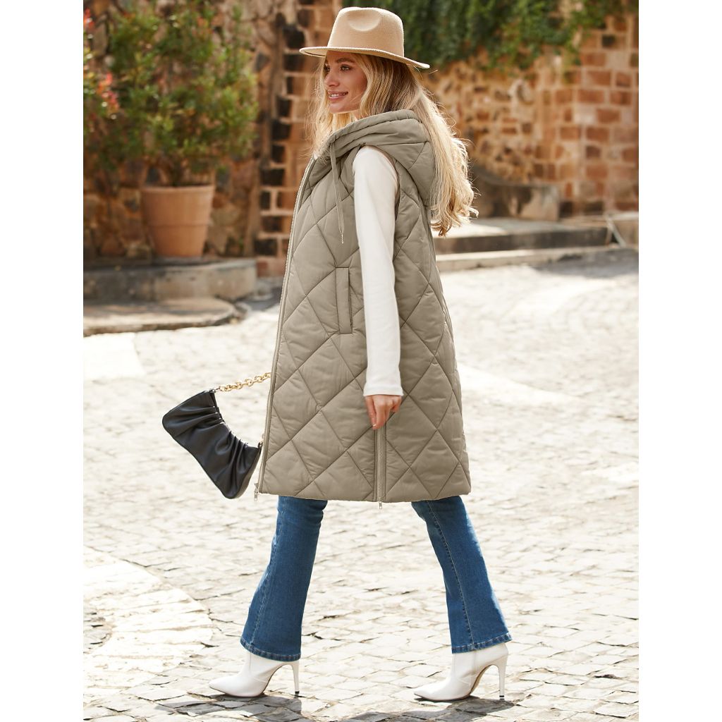SZ XL, MEROKEETY Womens Winter Mid Long Zipper Puffer Vest Hooded Sleeveless Lightweight Jacket Coats, Khaki