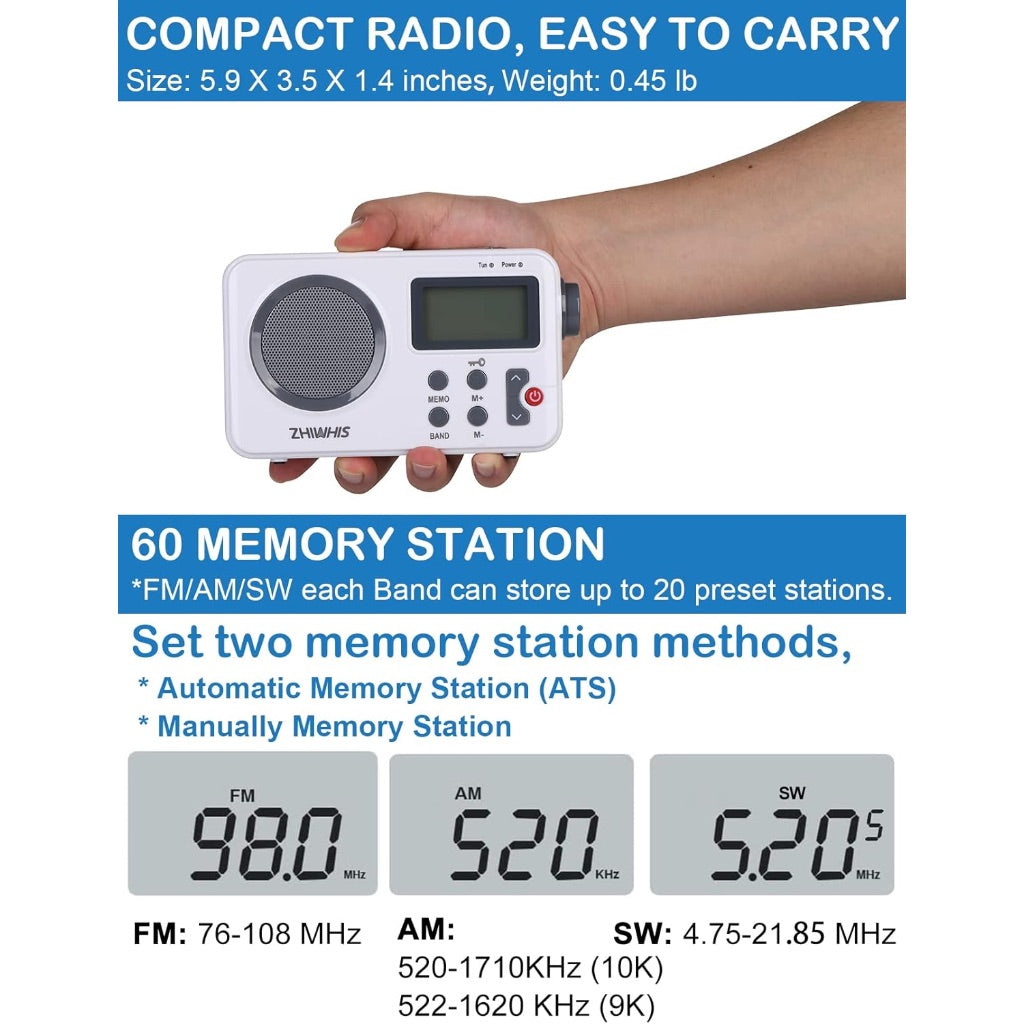 Portable AM/FM Radio, Battery-Op Shortwave Digital Tuner with Clock, Sleep Timer, Preset Function ZWS-8801