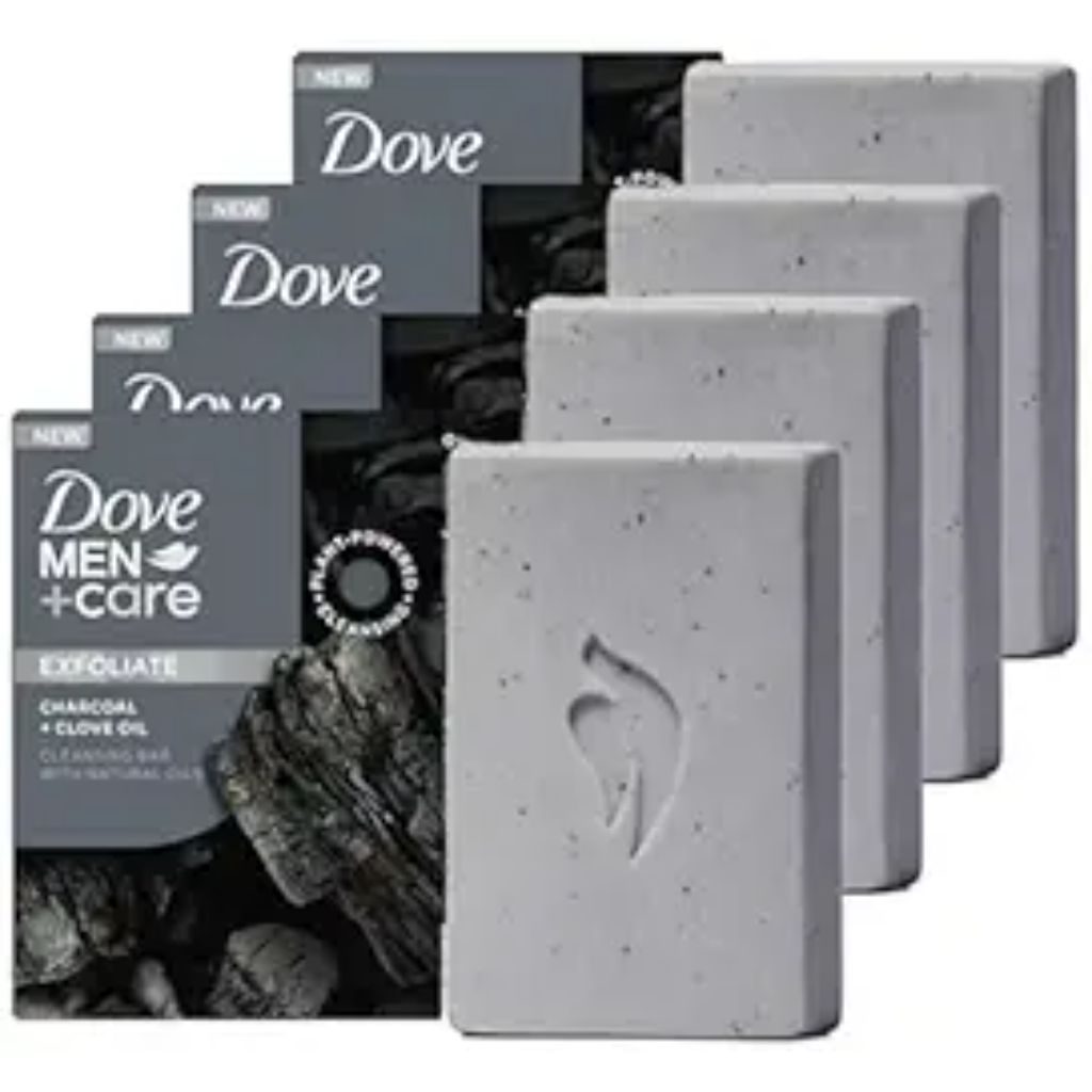 DOVE MEN + CARE Cleansing Bar Soap Charcoal + Clove Oil 4 Count to Rebuild Skin in the Shower, a 4in1 Hair, Body, Face & Shaving Bar with Plant-Based Cleanser and Natural Oils 5 oz