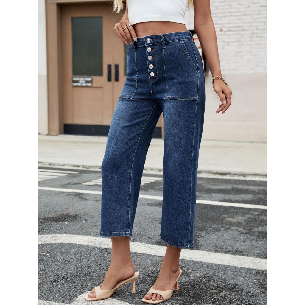 Genleck Women's Wide Leg Jeans – Trendy Cropped Loose Jeans High Waisted Stretchy Capri Denim Pants Baggy Trousers 2025 Dark Blue
