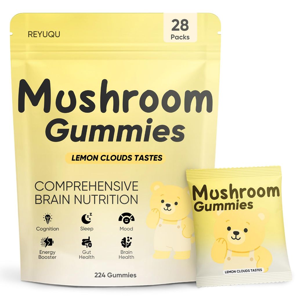 REYUQU Lions Mane Mushroom Gummies, 10,000 mg Adaptogenic Mushroom Complex per Serving - 28 Daily Sachets