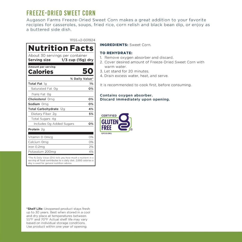 Augason Farms Freeze-Dried Sweet Corn, Emergency Food Supply, 1lb (30 Servings)