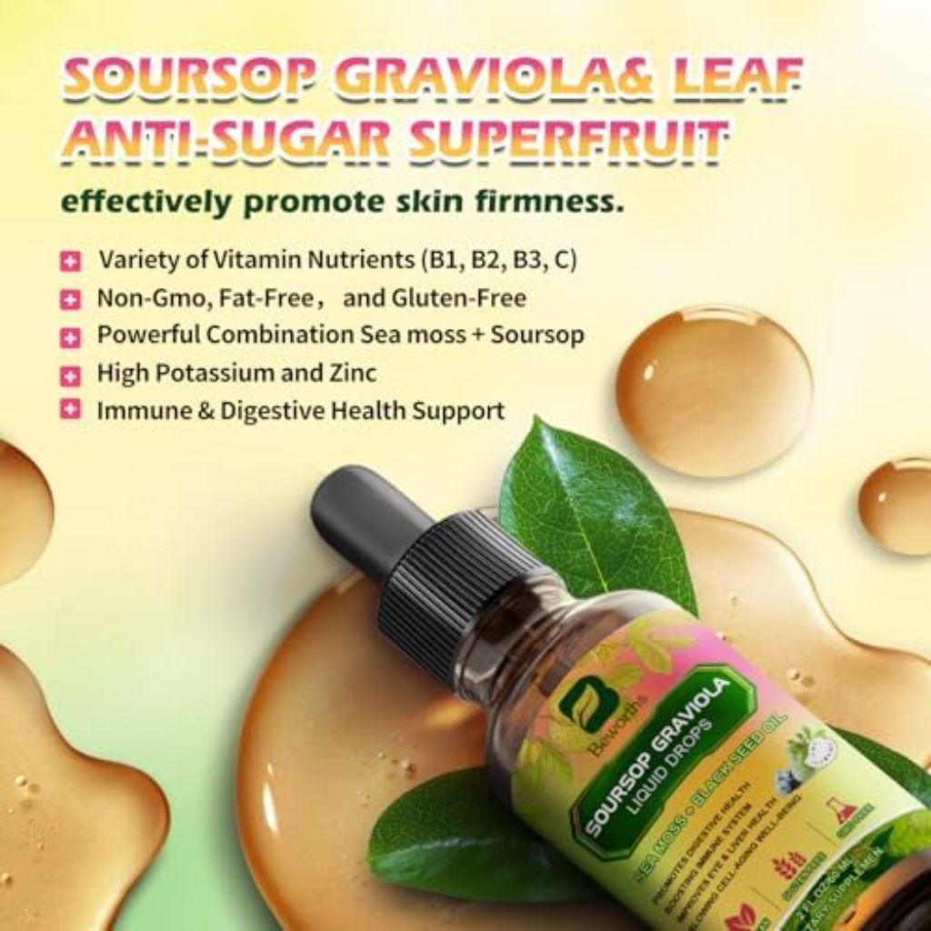 Soursop Graviola Bitters Liquid Drops with Irish Sea Moss, Black Seed Oil, Soursop Graviola Leaves Extract, 2 fl. oz.