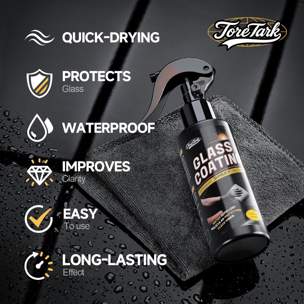 Toretark Car Ceramic Glass Coating Spray,Automotive Windshield Rain Repellent Glass Polish Protect, (3.38 fl oz +Towel)