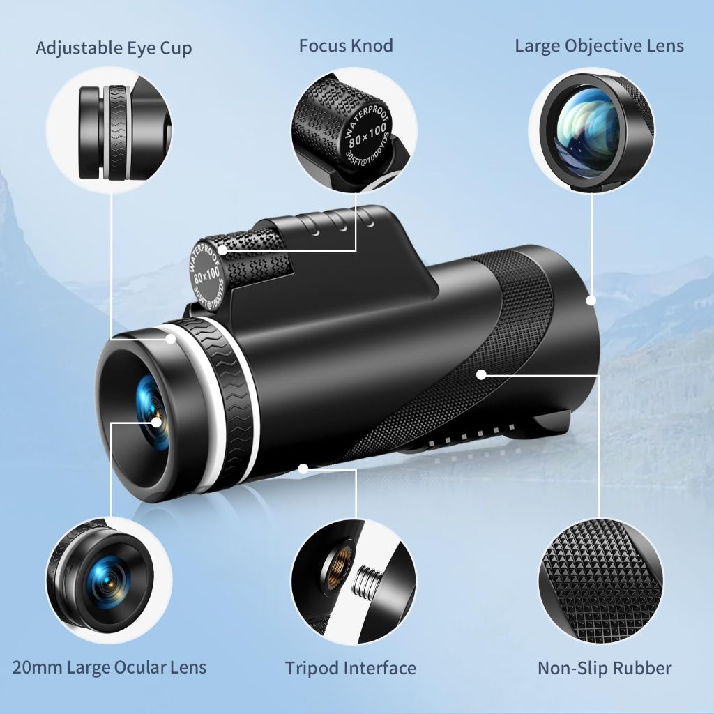 80x100 HD Monocular Telescope, Monoculars for Adults High Powered with Smartphone Adapter & Tripod