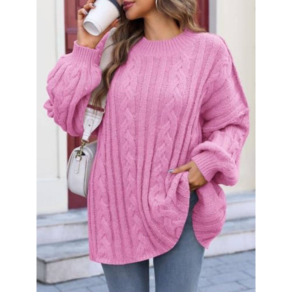 Saodimallsu Womens Oversized Sweaters Chunky Cable Knit Crew Neck Casual Long Lantern Sleeve Fall Tunic Sweater Tops
