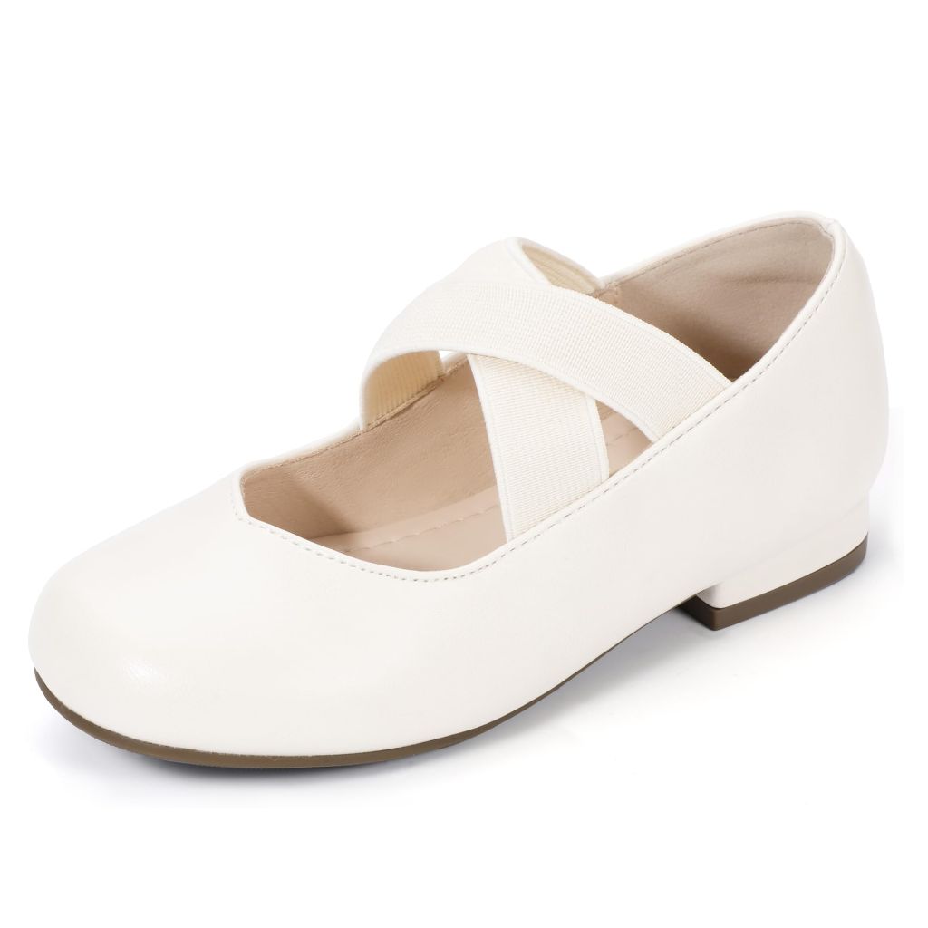 PANDANINJIA Girls Dress Shoes White Ballet Flats Elastic Cross Strap  (Size 3)