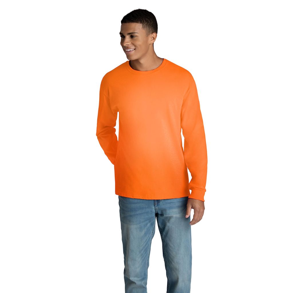 Fruit of the Loom Men's Eversoft Cotton T Shirts, Size Small, Long Sleeve-Safety Orange
