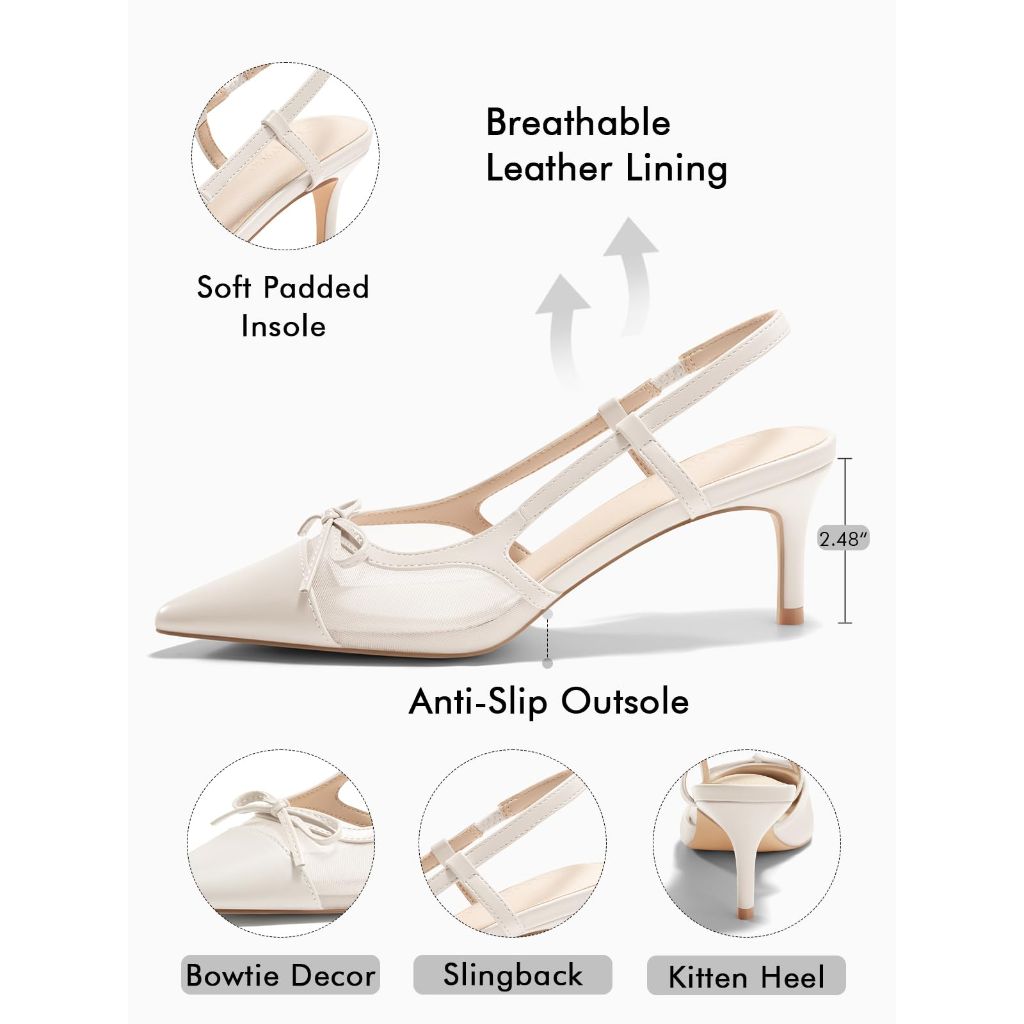 SZ 8.5, Coutgo Women's Kitten Heels Slingback Mesh, | White