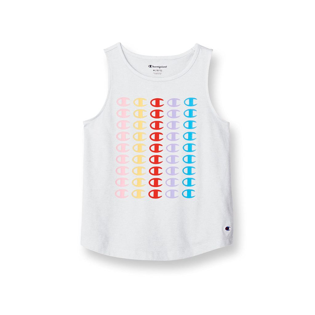Champion Girls Tank Top, Cotton-Rich Stacked Rainbow Logos Cami Shirt, White Stacked Cs, 14 US
