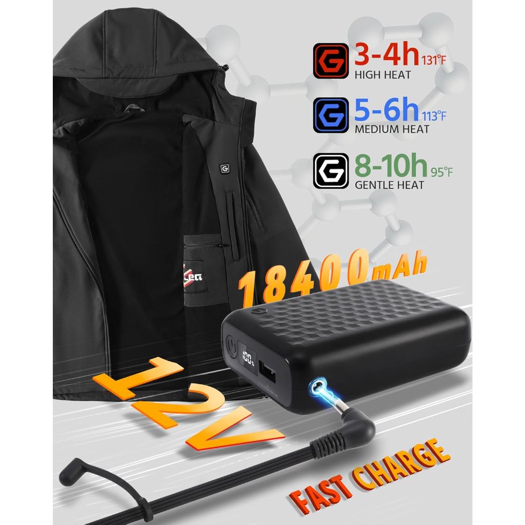 Wulcea Men's Graphene Heated Soft Shell Jacket w/12V 18400mAh Rechargeable Battery - Black, Large