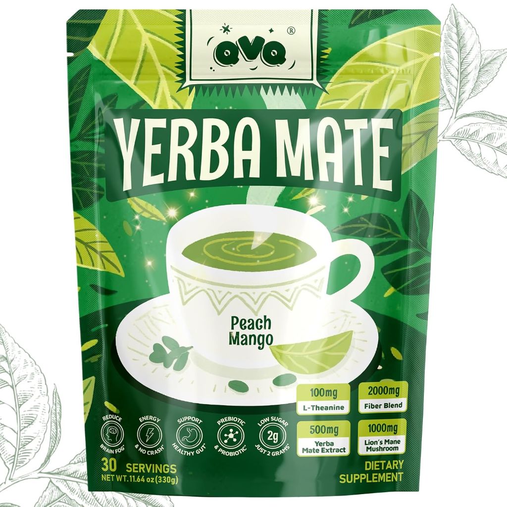 Yerba Mate Instant Tea Powder with Prebiotics/Probiotics, Lion’s Mane, L-Theanine - Peach Mango, 30svgs.