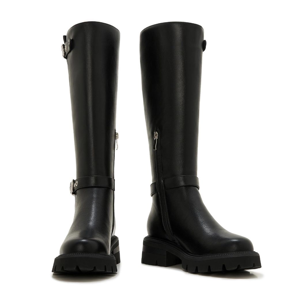 Women's Knee-High Combat Boots with Side Zipper, Black - Size 8