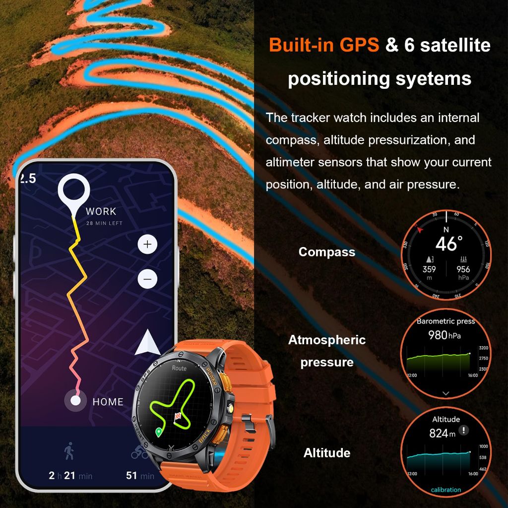 Military Sports Smart Watche for Men, Built-in GPS, 170+ Sport Modes, 1.43" AMOLED Screen, Bluetooth Call - Black & Orange (2 Bands)