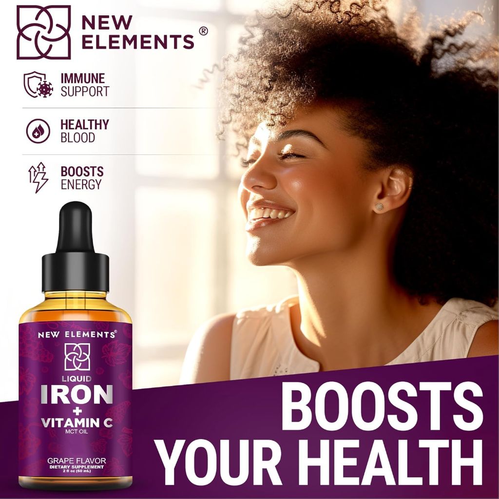 New Elements Liquid Iron (18mg) Supplement with Vitamin C (50mg) - Grape, 2 fl. oz. (Twin Pack)