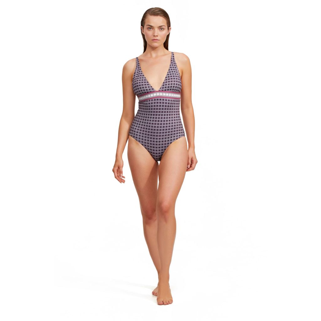 Gottex Women's Standard Luma Retro Touch V Neck One Piece Swimsuit, 6, Plum
