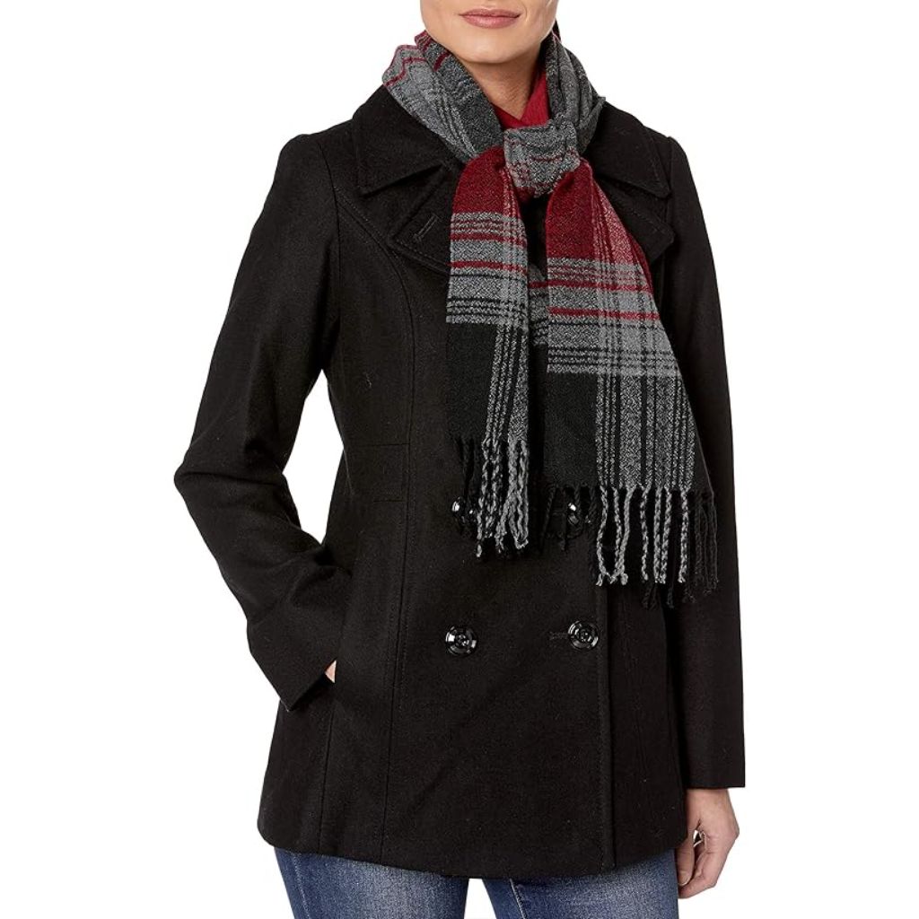 LONDON FOG Women s Plus-Size Double Breasted Peacoat with Scarf Large Black