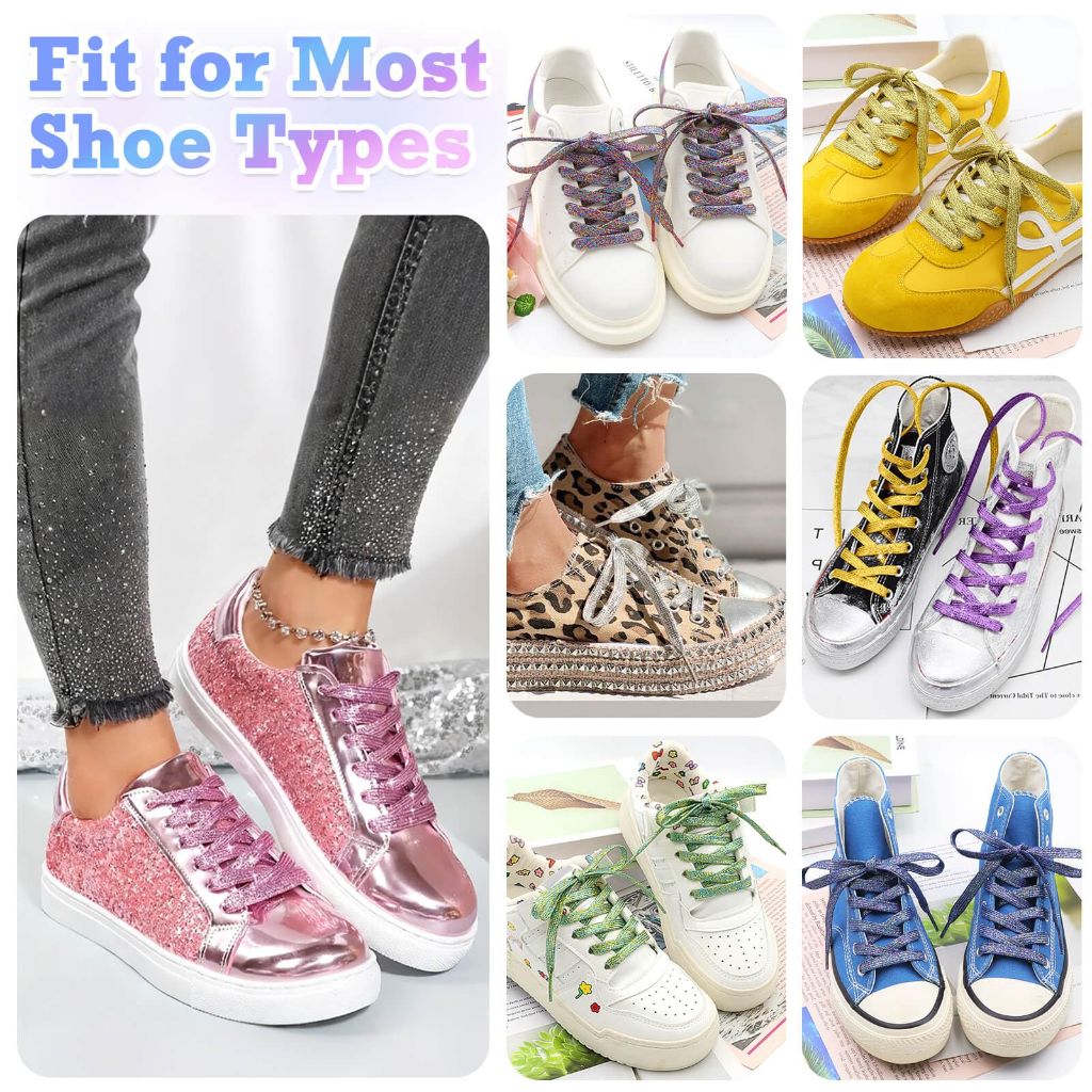 WEGOODZF Flat Glitter Shoe Laces: Metallic White Sparkle Shoelaces for Sneakers 47 inch -2Pair