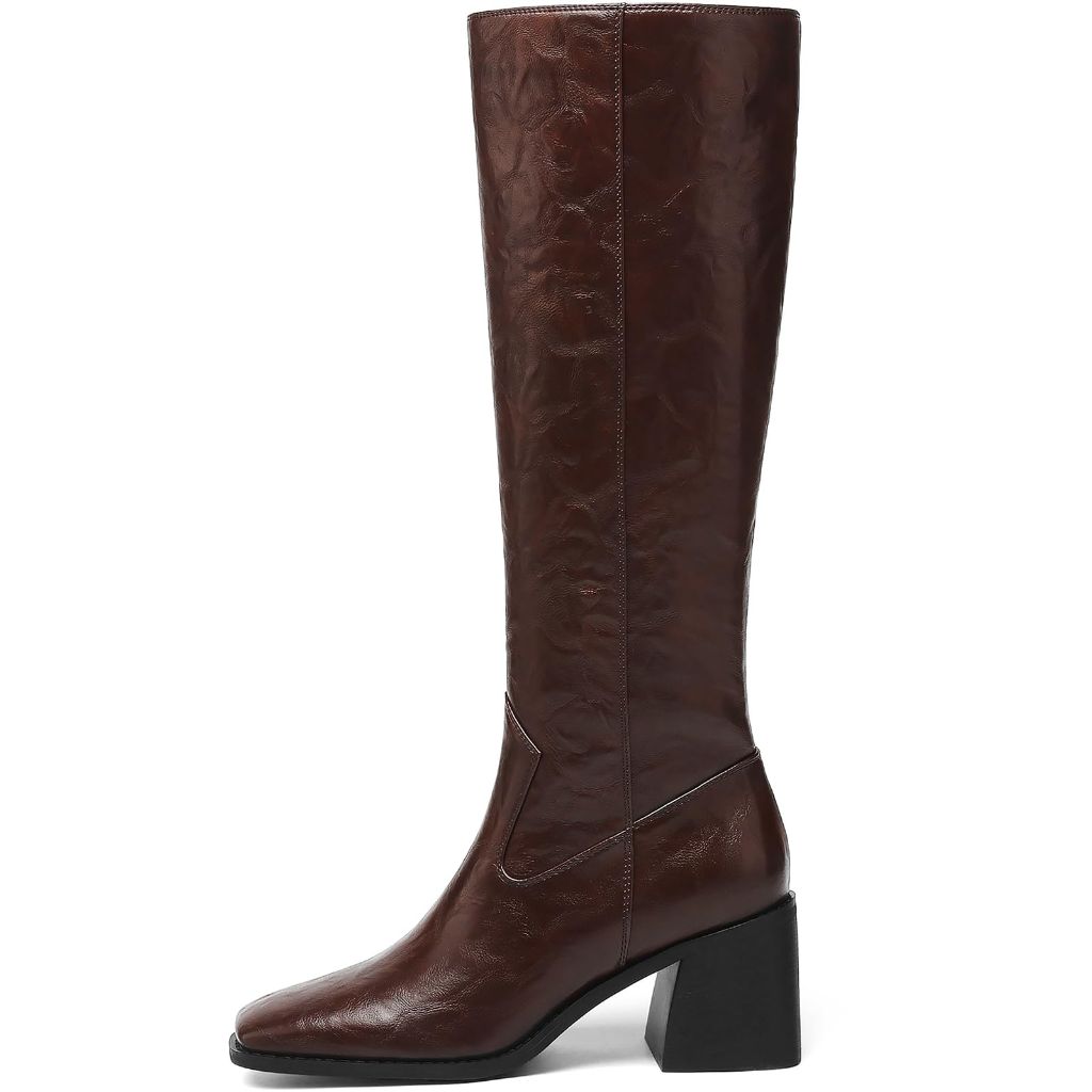 AIUNIIND Women's Knee-High Boots with Block Heels, Brown - size 9.5