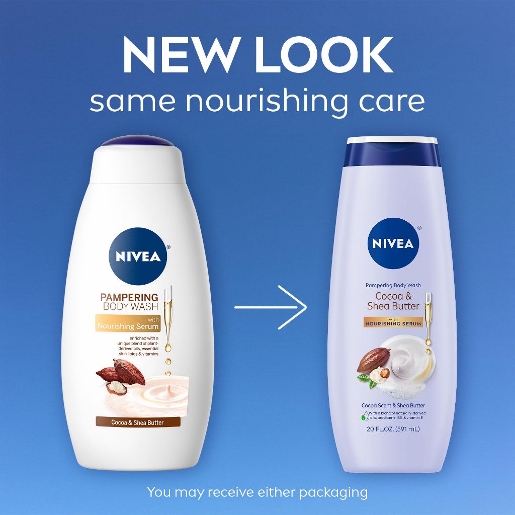 NIVEA Pampering Cocoa and Shea Butter Body Wash with Nourishing Serum, 20 Fl Oz Bottle