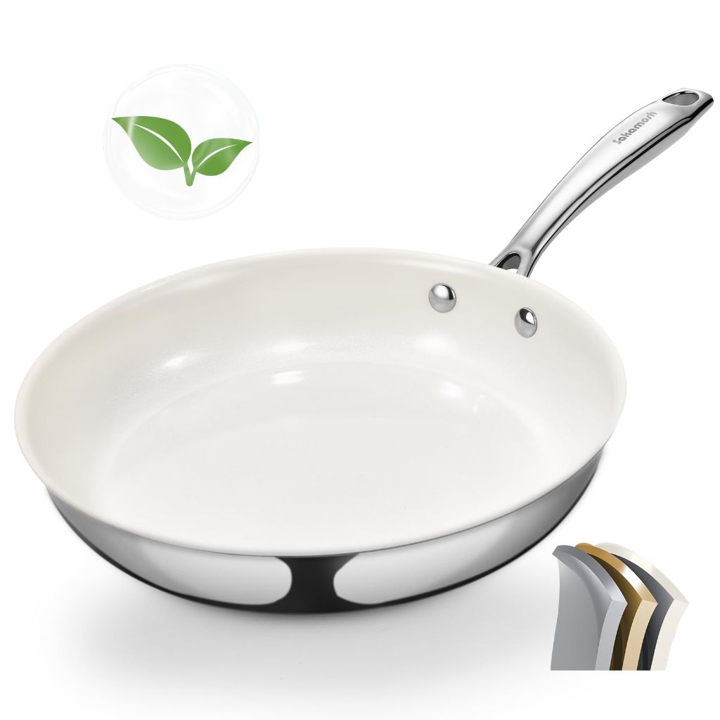 Sakamosh Nonstick Ceramic Frying Pan, Tri-Ply Stainless Steel with Stay-Cool Handle - White, 9.5"