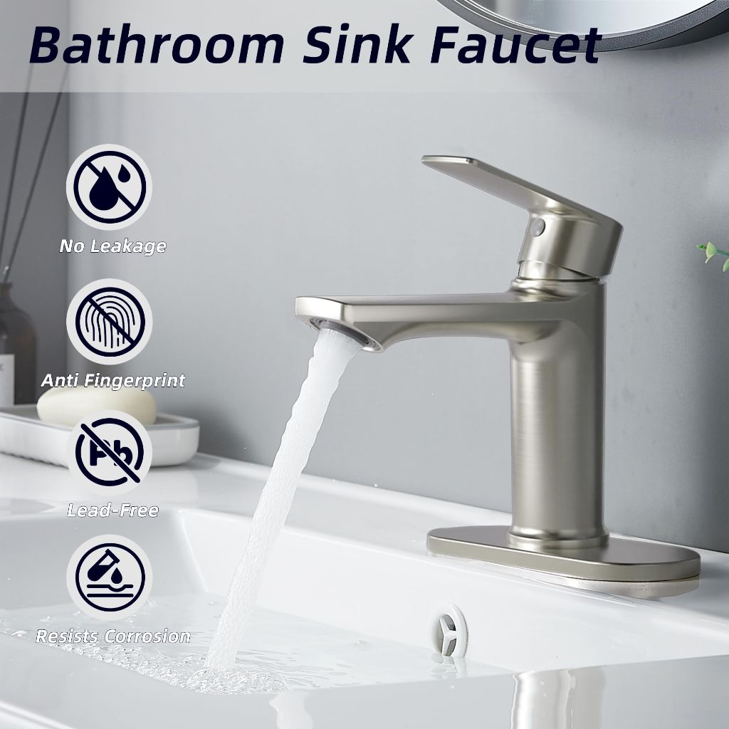 BELZ Brushed Nickel Bathroom Faucet, Modern Single Handle One Hole Bath Vanity Sink Faucet with Pop Up Drain and Deck Plate for 1 or 3 Holes