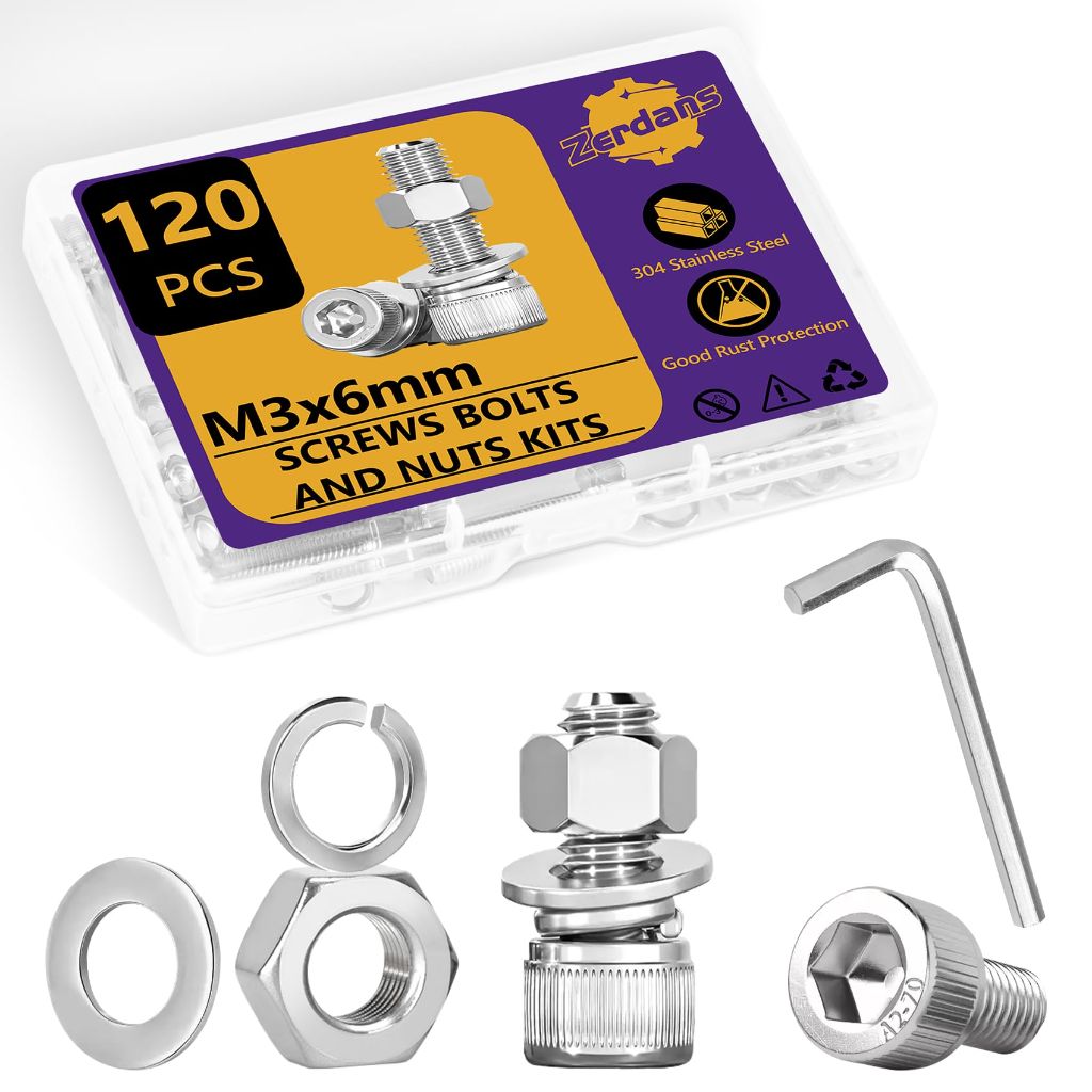 120PCS M3 Metric Screws Bolts and Nuts Assortment Kit, M3 x 6mm Metric Kits, 304 Stainless Steel Hex Socket Head Cap Screws with Lock & Flat Washers with 1 Allen Wrench for 3D Printing Projects
