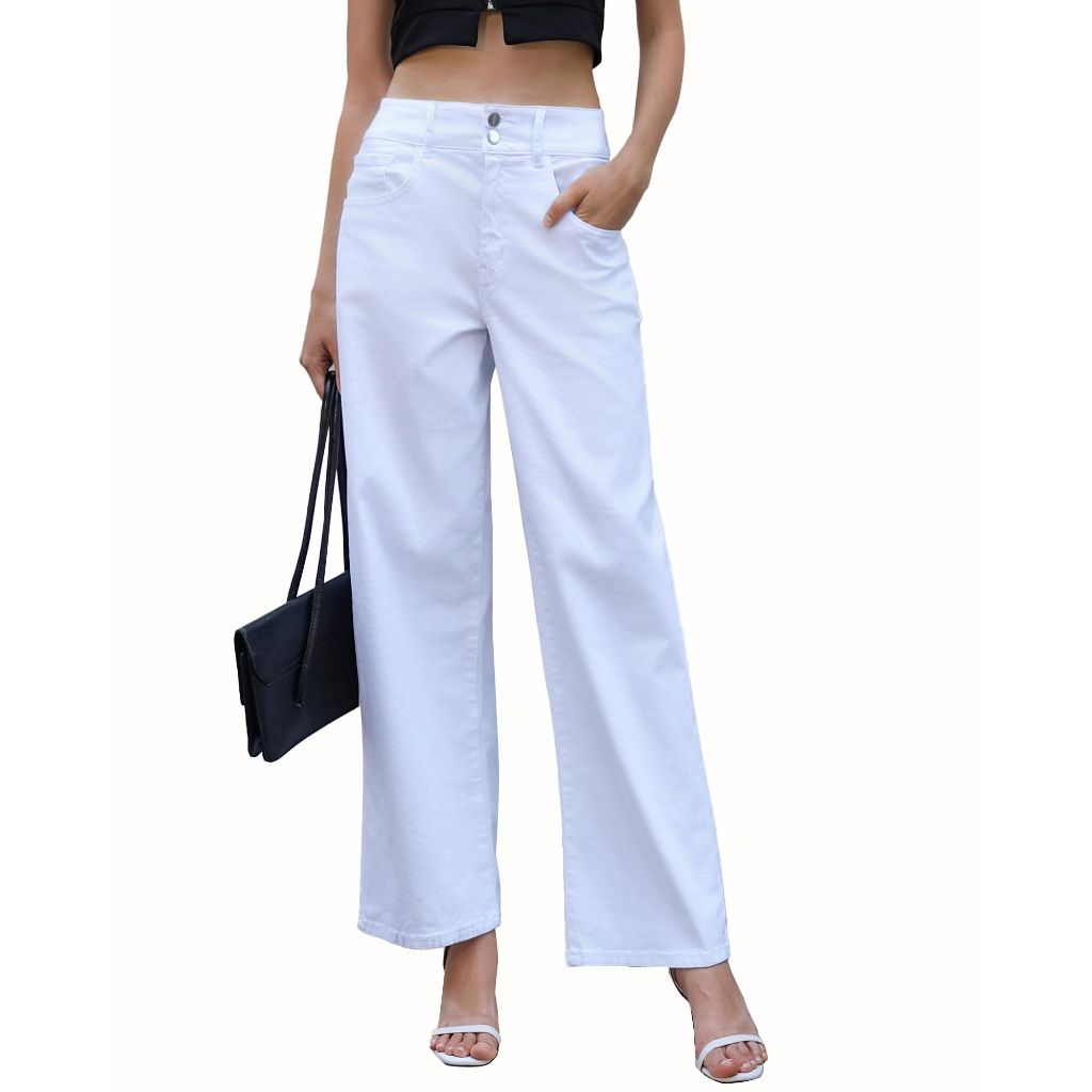 OFLUCK Women's Wide Leg Jeans Mid High Waisted Stretchy Baggy Jeans Straight Leg Loose Fit Denim Pants, White, 10