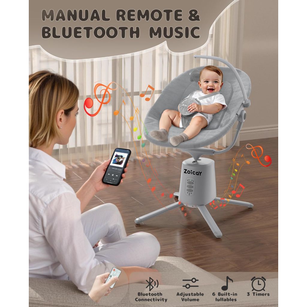 Zoicay Baby Swing,Baby Swings for Infants with 3 Modes & 5 Speeds, BT Enabled App & Remote Control, (Gray)