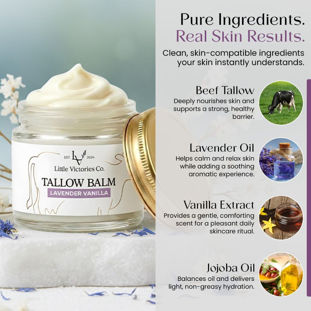 Organic Beef Tallow for Skin - 2.0 Fl. oz Grass Fed Beef Tallow and Honey Balm for Face + Body - Lavender Vanilla