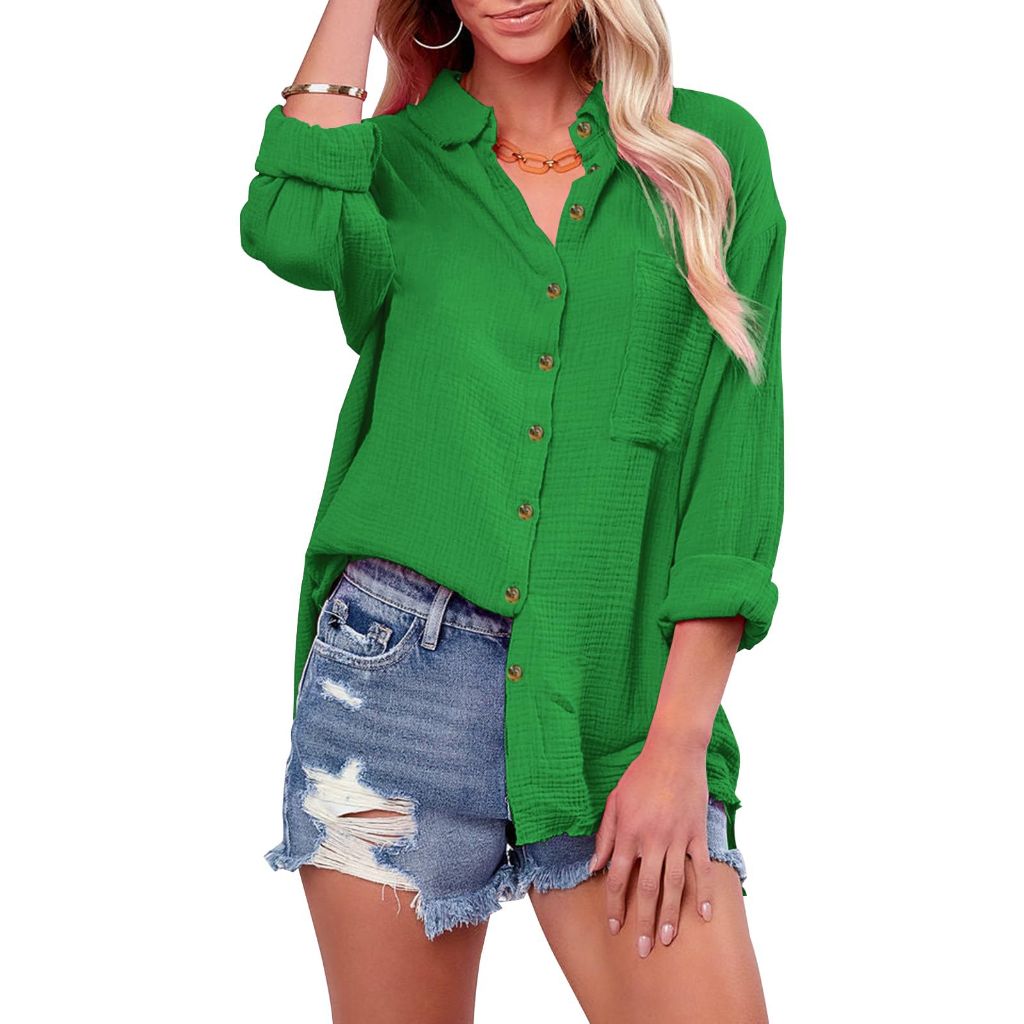 Siliteelon Women's Long Sleeve Button Down Shirts Cotton - Kelly Green, S