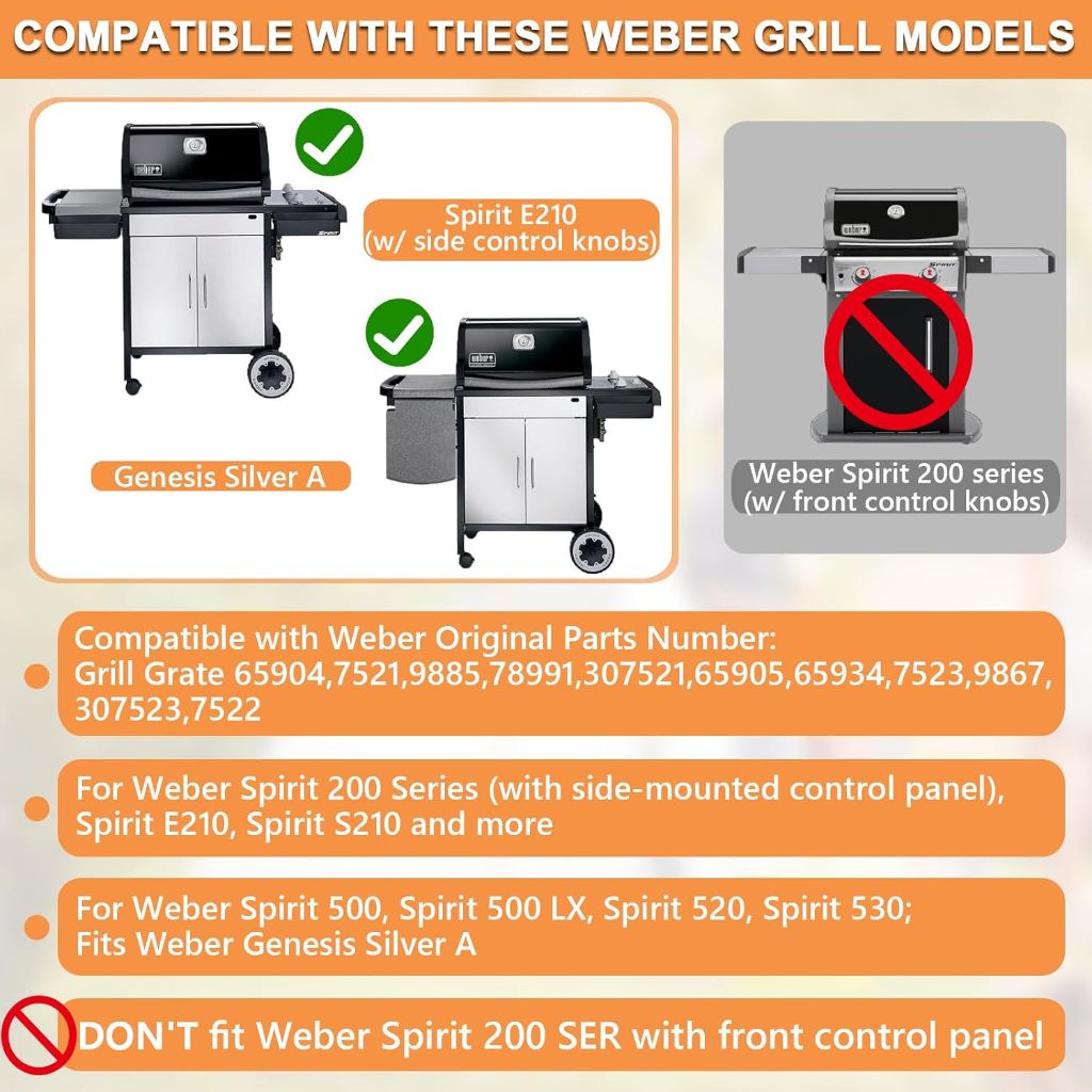 Replacement Grill Grates for Weber Spirit Grill 200 Series w/Side Knobs E200, S200, E210, S210, Spirit 500 2 Burner Grills
