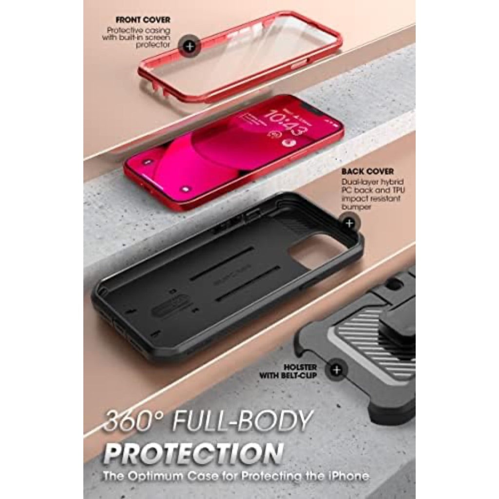 Supcase Heavy Duty Rugged Phone Case for iPhone 14 Plus - Built-In Screen Protector, Stand, Belt Clip - Ruddy Red