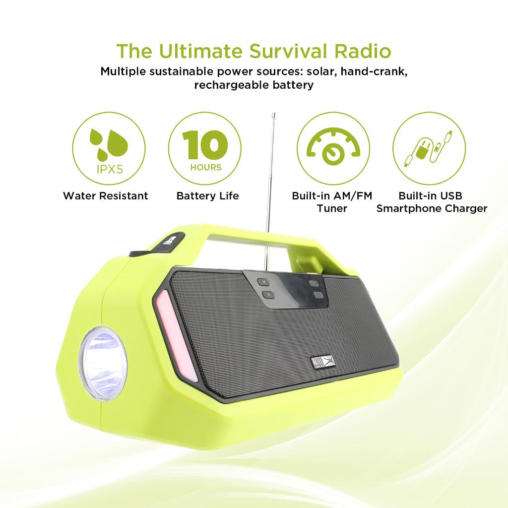 Altec Lansing StormChaser Rechargeable Emergency Radio, Portable Bluetooth Speaker, LED Camping Flashlight